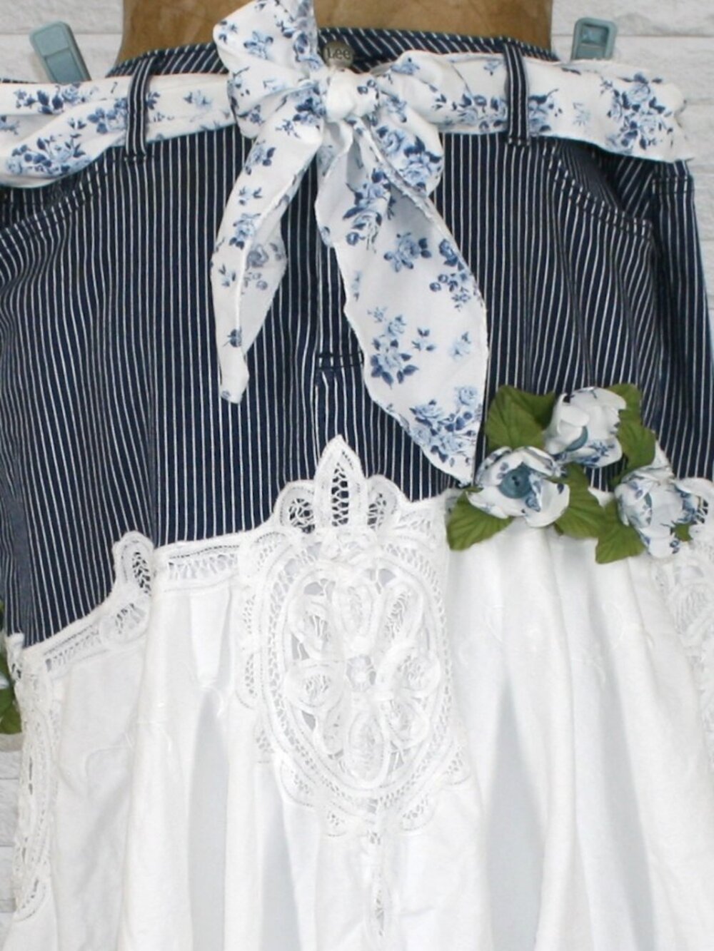HAND CRAFTED Skirt Denim Jean Upcycled Pinstripe Floral White Fall Plus Size 18 - Picture 2 of 16